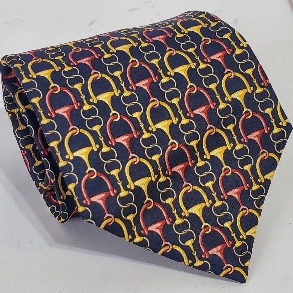 FENDI Mens Neck Tie horsebit stirrup pattern Black Gold Burgundy Silk Italy